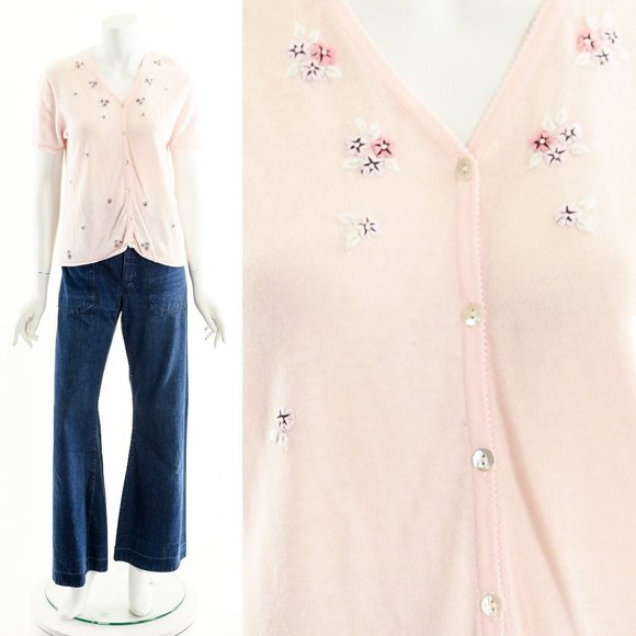 Pink Knit Sweater,Baby Pink Cardigan,Floral Short Sleeve Sweater,Vintage Sprint - Picture 1 of 10